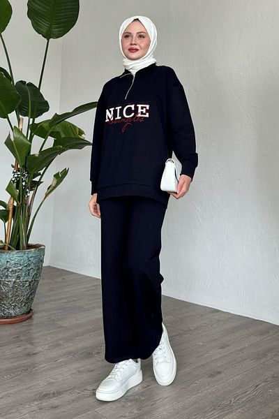 InStyle Nice Written Zippered Navy Blue Double Set