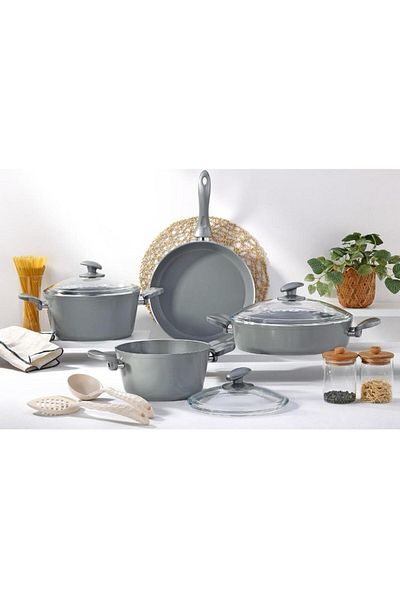 AVCI HOME MAKER 9-Piece Hella Cookware Set, Tempered Glass Lids, Non-Stick Ceramic Surface, PFOA Free, Grey