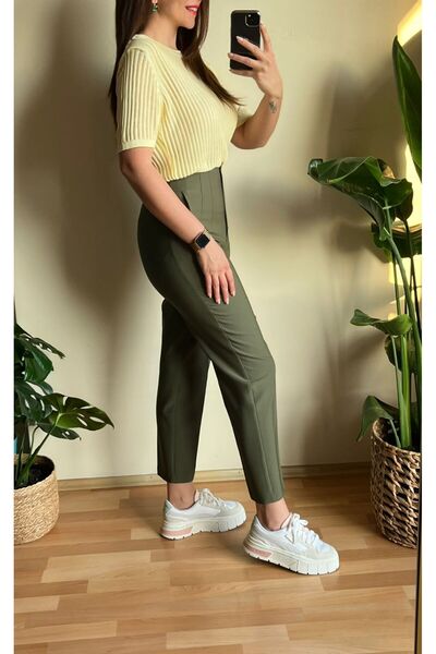 Butik HAKİ YÜKSEK BEL PENSLİ PANTOLON
