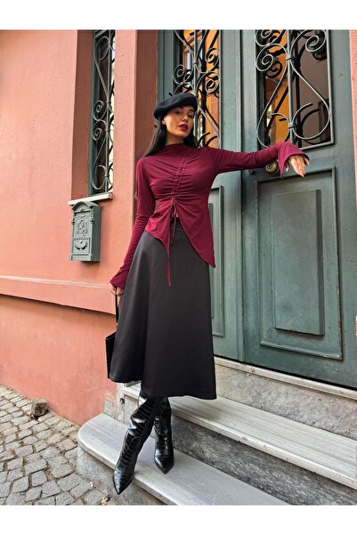 minaaise بدلة نسائية ذات قصة ضيقة برباط أمامي باللون العنابي 28284