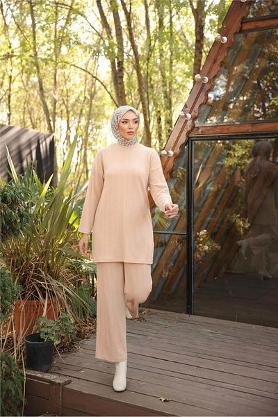 Bwest O Neck Short Tunic Trousers Simple Double Hijab Tracksuit Set - (38-46) - 71219 - Beige