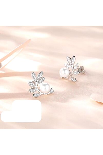 toptanhanem Göz Alıcı İnci ve Yaprak Tasarımı Anti-Alerjik Çelik Küpe-Gümüş Renk
