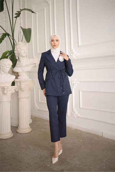 Bwest Double Breasted Jacket Set with Lace-Up Waist - 50021.015 - Navy Blue