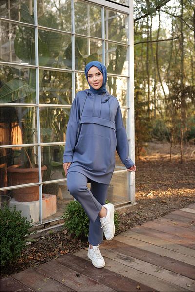 Bwest Hooded Kangaroo Pocket Sweat-Pants Double Tracksuit Sports Set - (38-46) - 71214 - Indigo