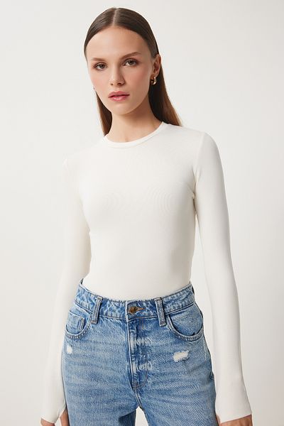 Lovelyİstanbul Crew Neck Finger Snap Basic Blouse - Ecru Emerald Green, 2-Pack Lcr0011