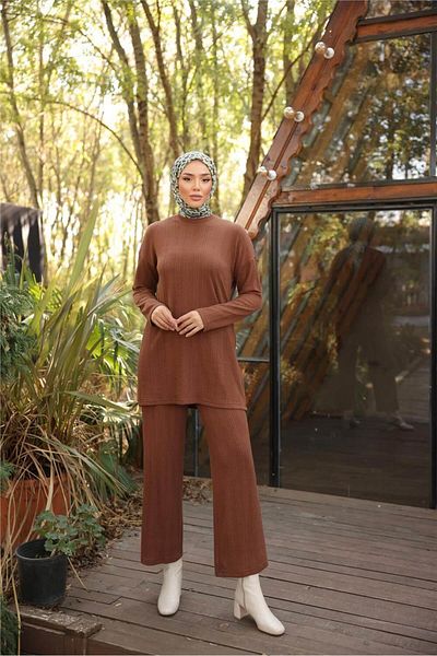Bwest O Neck Short Tunic Trousers Simple Double Hijab Tracksuit Set - (38-46) - 71219 - Brown