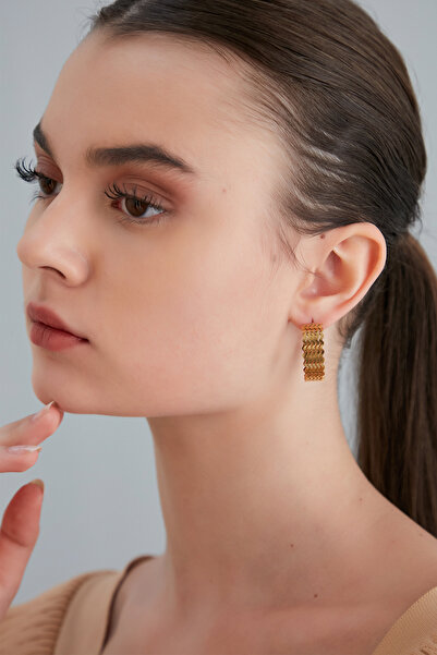 Lina Tia Kadın Dalgalı Çizgi Tasarım Model Altın Kaplama Çelik Halka Abiye Gelin Yuvarlak Bohem Kombin Küpe