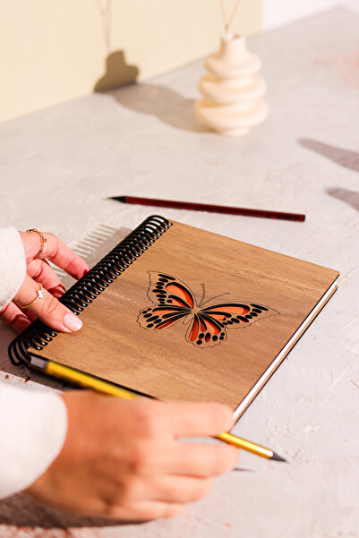 AdenDekor Butterfly Figured Wooden Cover Notebook, Agenda, Memory Book, Diary...