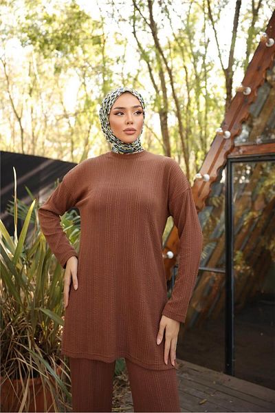 Bwest O Neck Short Tunic Trousers Simple Double Hijab Tracksuit Set - (38-46) - 71219 - Brown