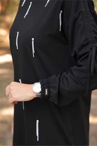Bwest O Neck Sleeve Lace-Up Stone Detailed Double Hijab Tracksuit Set - (38-46) - 71208 - Black