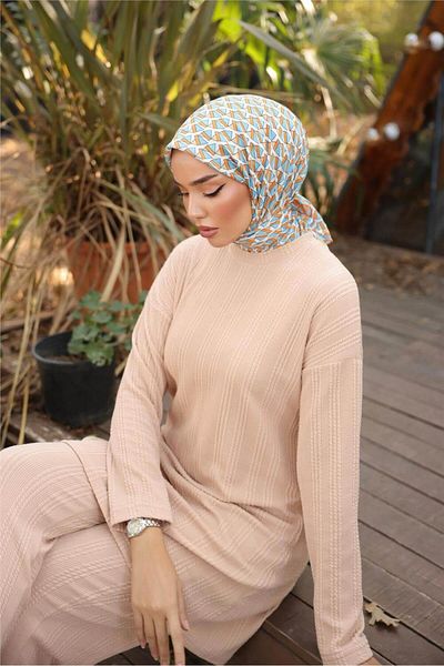Bwest O Neck Short Tunic Trousers Simple Double Hijab Tracksuit Set - (38-46) - 71219 - Beige