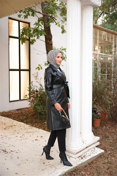 Bwest Double Breasted Collar Pocket Waist Laced Leather Trench Coat - (38-46) - 71212 - Black