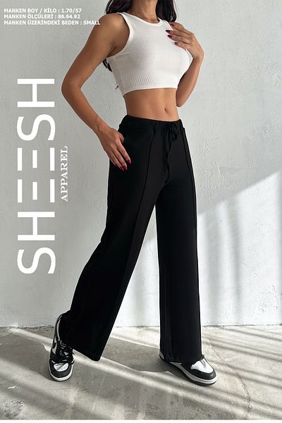 SHEESH APPAREL Φούτερ παντελόνι Palazzo με απαλή υφή μαύρο φαρδύ πόδι Modal Turf