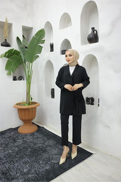 Bwest Side Tie Crepe Jacket Double Set - 71194.003 - Black