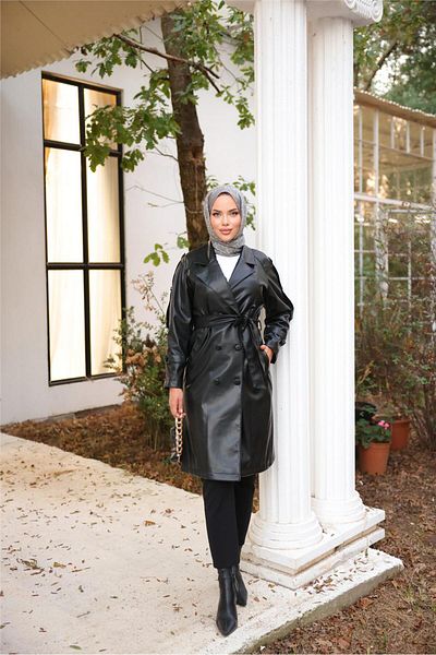 Bwest Double Breasted Collar Pocket Waist Laced Leather Trench Coat - (38-46) - 71212 - Black