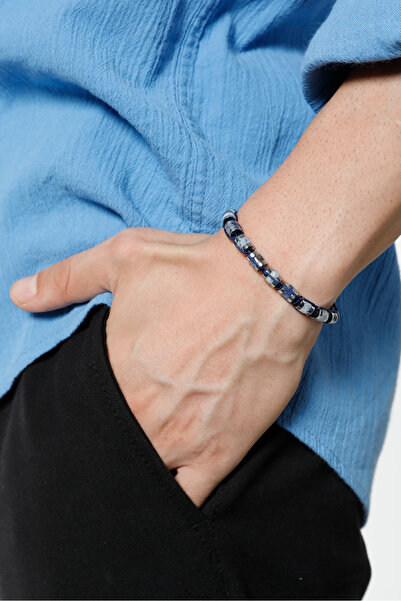 Fjellor Tarostar Lacivert Silindir Taş Detaylı Erkek Ayarlanabilir Makrome Bileklik