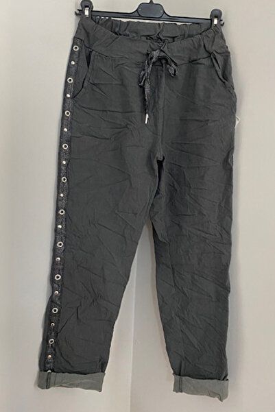 AYASOFYA OTANTIK Women's Dark Gray Italian Eyelet Stripe Lycra Trousers