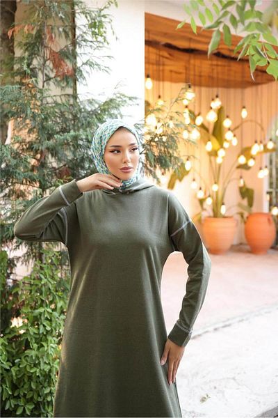 Bwest Khaki Hooded Long Sweat Pants and Hijab Tracksuit Set - 03082.005