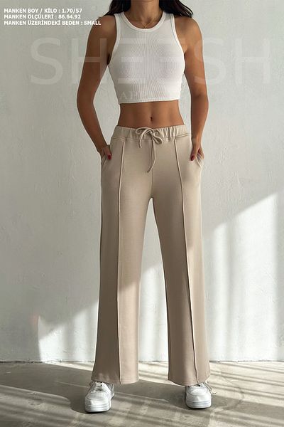 SHEESH APPAREL Φούτερ παντελόνι Palazzo με απαλή υφή μπεζ φαρδύ πόδι Modal