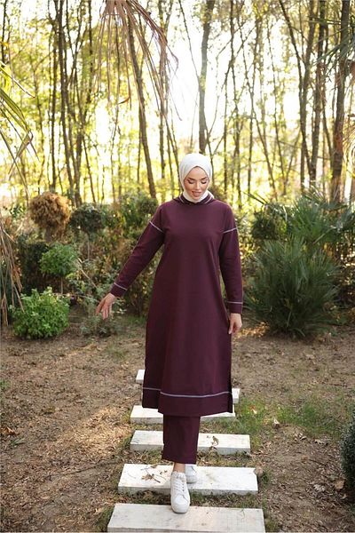 Bwest Long Hooded Sweat Pants and Hijab Tracksuit Set - 03082.020 - Plum