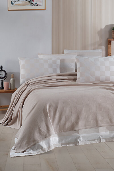 Enlora Home Kare Örgü Pike Takımı Çift Kişilik Bej