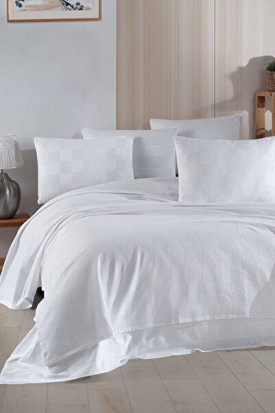 Enlora Home Kare Örgü Pike Takımı Çift Kişilik Beyaz