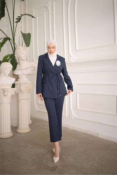 Bwest Double Breasted Jacket Set with Lace-Up Waist - 50021.015 - Navy Blue