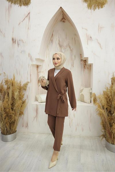 Bwest Side Tie Crepe Jacket Double Set - 71194.028 - Brown