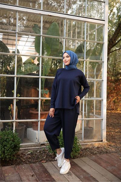 Bwest Long Back O Neck Short Sweat-Pants Double Tracksuit Sports Set - (38-46) - 71216 - Navy Blue