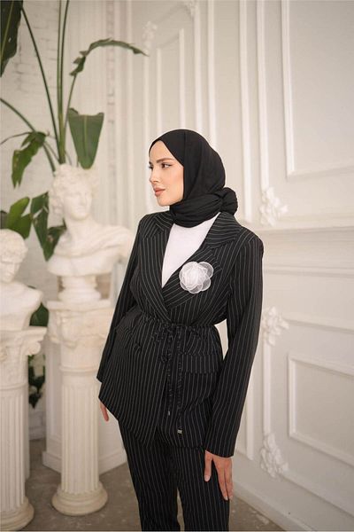 Bwest Black Double-breasted Jacket and Lace-up Waist Set - 50021.003