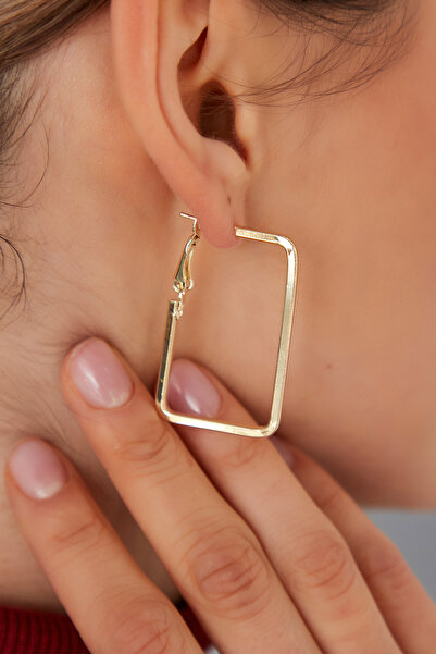 Lina Tia Kadın Kare Desenli Model Altın Kaplama Çelik Rodyum Kaplama Orta Boy İnce Çember Halka Kombin Küpe