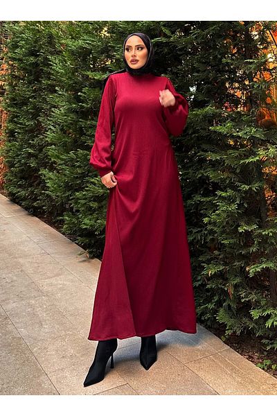 SAHRA BUTİK Self Pleated Dress - Burgundy - Sahra Butik