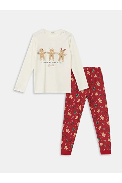 LC Waikiki Σετ κοριτσίστικες πιτζάμες με χριστουγεννιάτικο θέμα Ecru Crew Neck