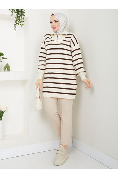 Nergis Neva Butik Ecru Striped Knitwear Tunic - Nergis Neva