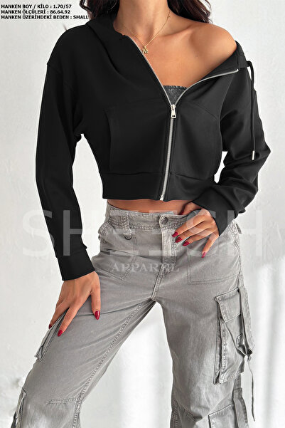 SHEESH APPAREL Μαύρο Modal Crop Sweatshirt - Μαλακή υφή, φούτερ με φερμουάρ
