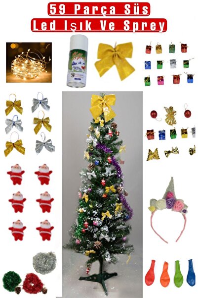 ARISOY Çam Ağacı Set Gold Paket 120 Cm Ağaç 59 Parça Süs Led Işık Kar Spreyi ...