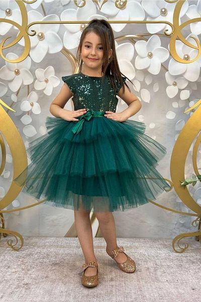 ABİYEKİDS Green Children's Evening Dress, Sequined, Sequined, 23 April Show Dress, Aby4560