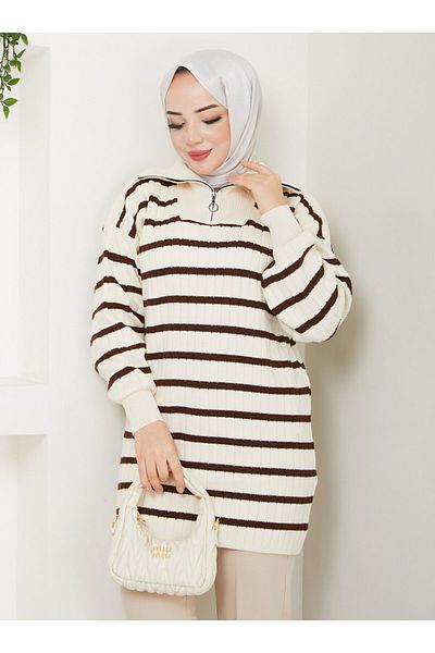 Nergis Neva Butik Ecru Striped Knitwear Tunic - Nergis Neva