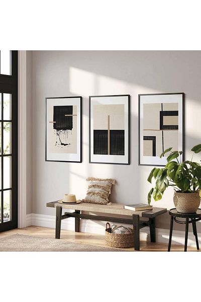 Linacci Triple Black Metal Frame Gray Black Geometric Glass Table Set