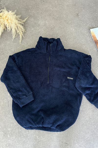 Sun Victoria Women's Navy Blue Stand Collar Oversize Plush Sweatshirt