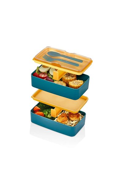Tanemce 2 Liter Mega Size 2 Layer Food Storage Set - Lunch Box with Fork and Spoon Serving