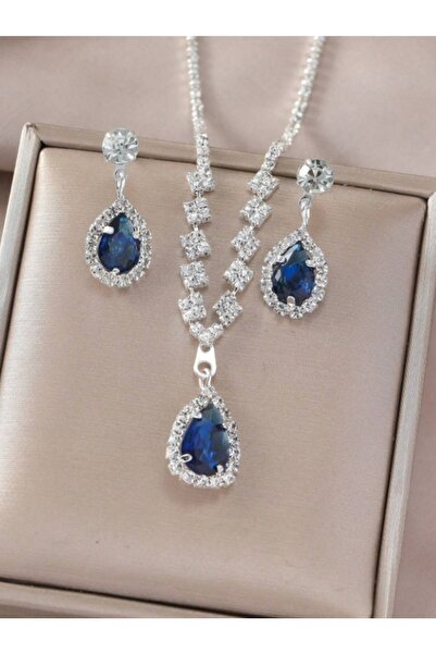 Estilo Lingerie Mavi Damla Taşlı Su Yolu Zirkon Kolye Küpe Seti Hediye Takı Seti (MÜCEVHER KUTULU GÖNDERİM)