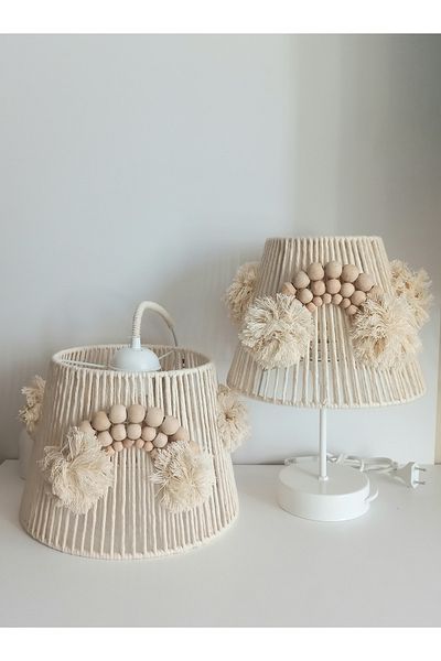 C&A&B KUZEY AVİZE Ecru Macrame Rope Wrap Conical Wire Wooden Applique Design Baby and Children's Room Chandelier Lampshade Set(4)