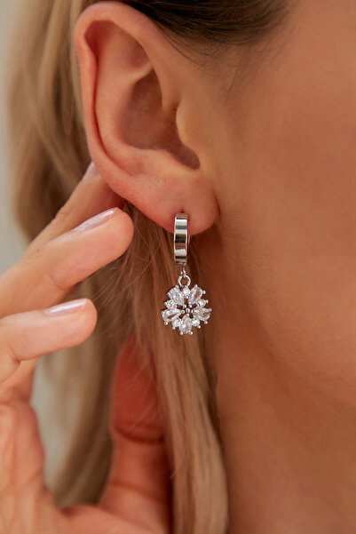 Lina Tia Kadın Çiçek Figür Tasarım Halka Klipsli Çelik Gümüş Kaplama Sallantı...