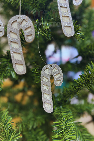 Huzur Party Store Γυαλιστερό Γκρι Ασημένιο Στολίδι - 9 εκ. 4 Τεμάχια Ασημένια Καραμέλα Εύα Μπαστούνια, Χριστουγεννιάτικο Στολίδι Πρωτοχρονιάτικο Πεύκο