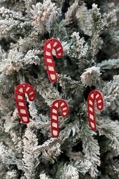 Huzur Party Store Christmas Pine Tree - 4 Pieces Red Eva Candy Cane, 9 cm Glitter Shiny Hanging Ornament