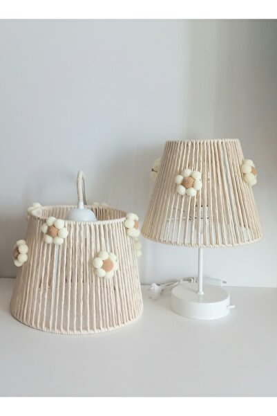 C&A&B KUZEY AVİZE EKRU MAKROME İP SARGI KONİK TEL ÇİÇEK PONONLU KIZ BEBEK VE KIZ ÇOCUK ODASI AVİZE VE ABAJUR SET