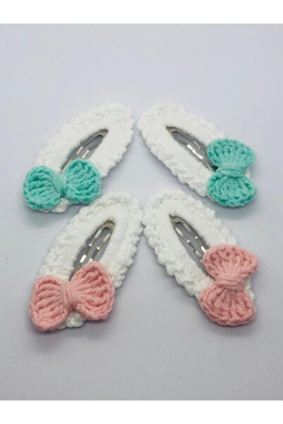 İnDerin Set de 4 agrafe de păr tricotate cu motiv de fundă verde mentă și vio...