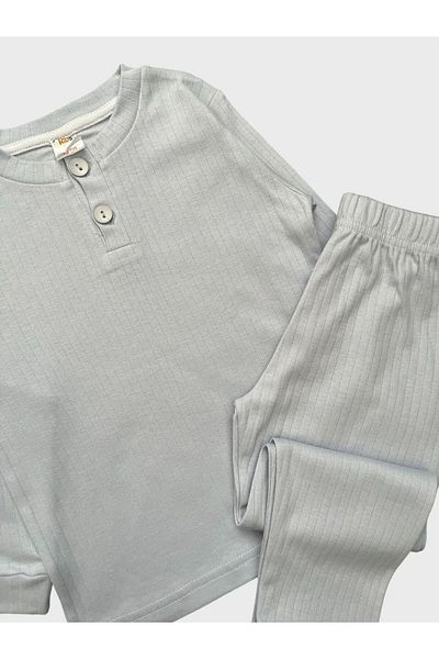 Fil Kids Set de pijamale de bază cu mânecă lungă, 100% bumbac, iarnă, albastru gheață, cu nasturi