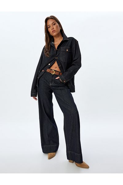 Koton Jeanshose mit weitem Bein, gerippter Knopf, Standard-Taillentasche – Jeans mit weitem Bein